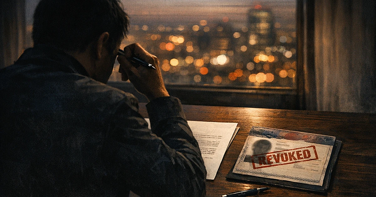 Silhouetted figure at desk with letter and stamped visa document, city lights visible through window