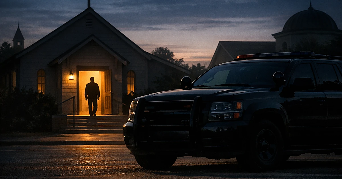 Silhouetted person in church doorway with government vehicle parked outside at dusk