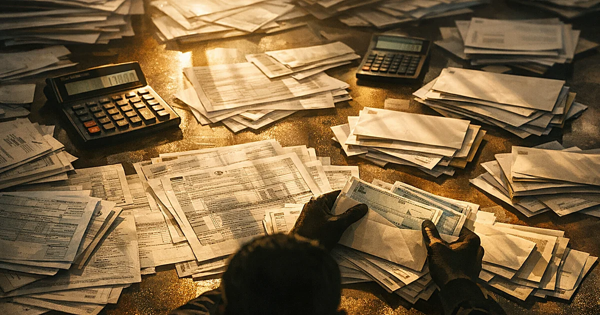 Overhead view of desk covered with tax forms, calculators, and refund checks with silhouetted hands sorting documents