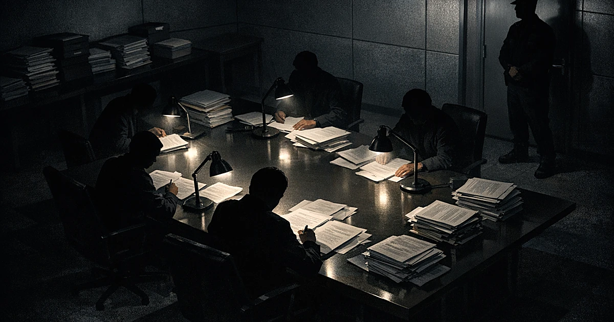 Silhouetted figures reviewing documents at a conference table in a controlled, dimly lit room with a guard at the door
