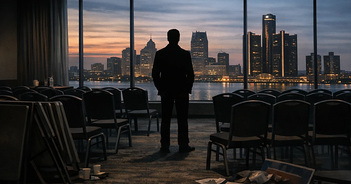 Silhouette of person standing alone in empty conference room with vacant chairs and city skyline visible through windows