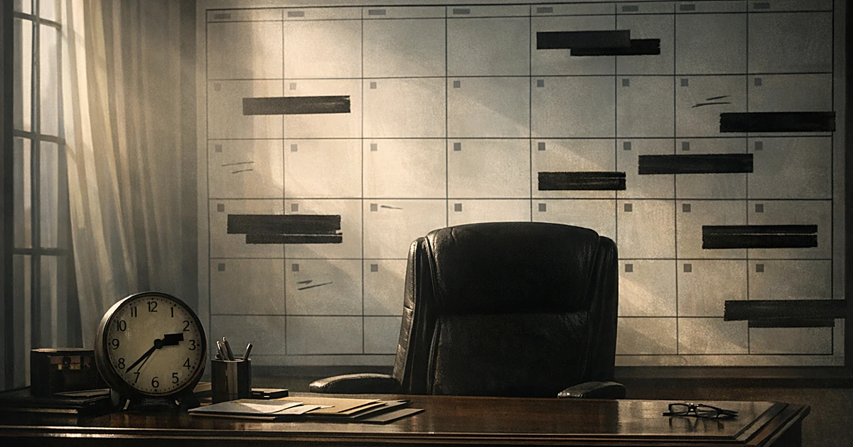 Empty executive desk with sparse wall calendar showing mostly blank days and redacted black bars across entries