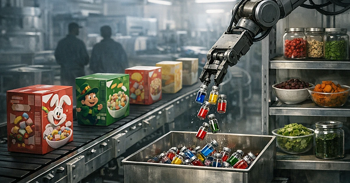 Factory conveyor belt with cereal boxes as mechanical arm removes artificial dye vials from production line