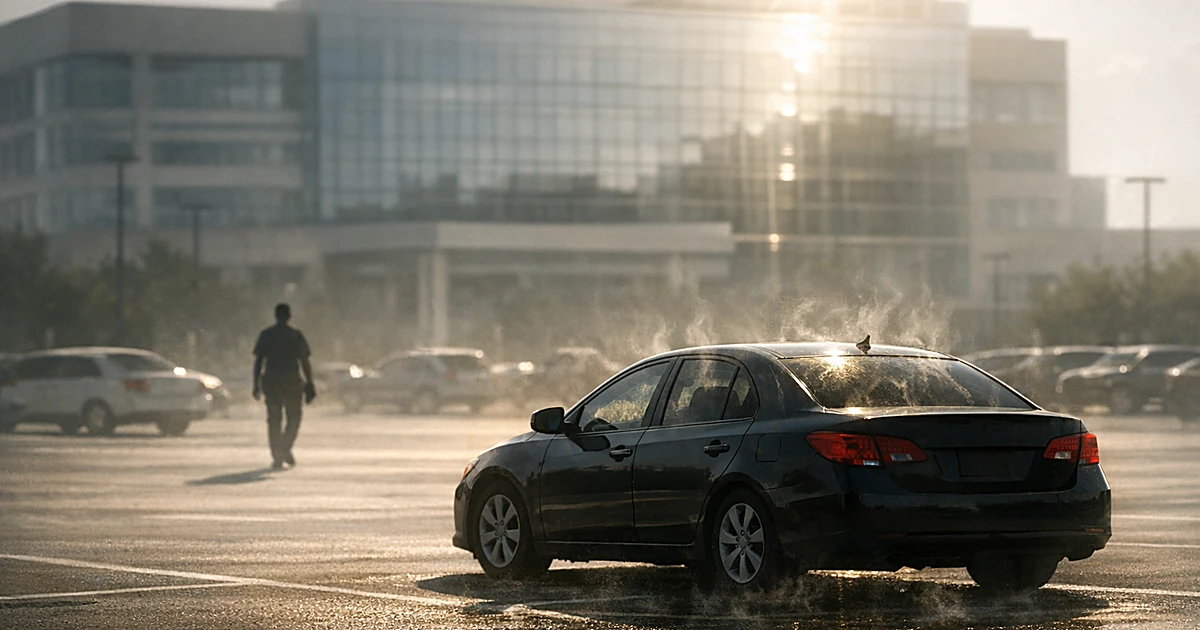 Empty car in hospital parking lot under intense sun with heat waves rising from vehicle in isolated setting