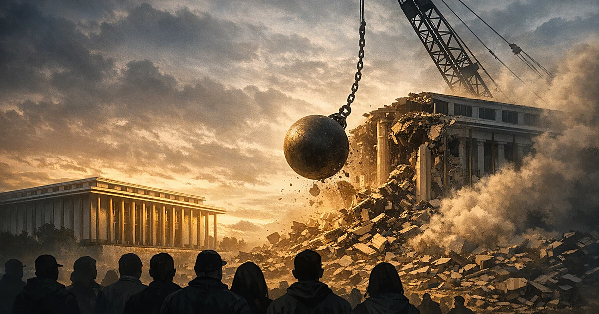 Wrecking ball approaching classical concert hall building as silhouetted figures watch from below