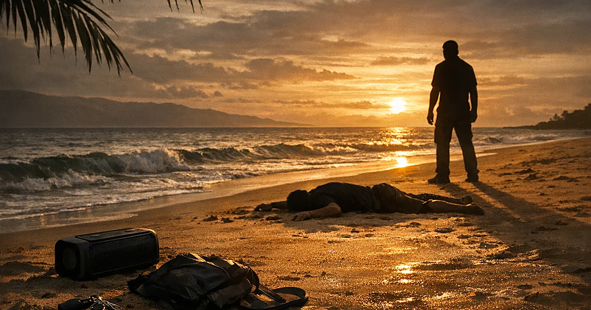 Silhouetted figures on a beach at sunset with one person lying on sand and a portable speaker in foreground