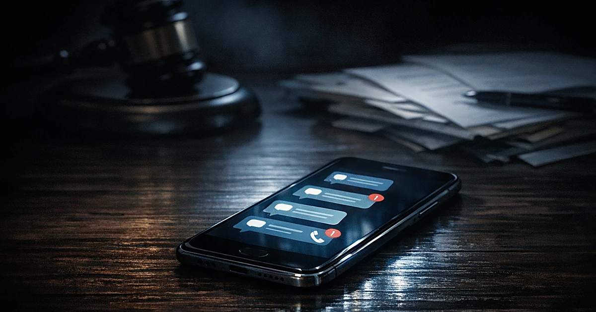 Illuminated smartphone with message notifications on dark surface near gavel and legal documents in shadowy lighting
