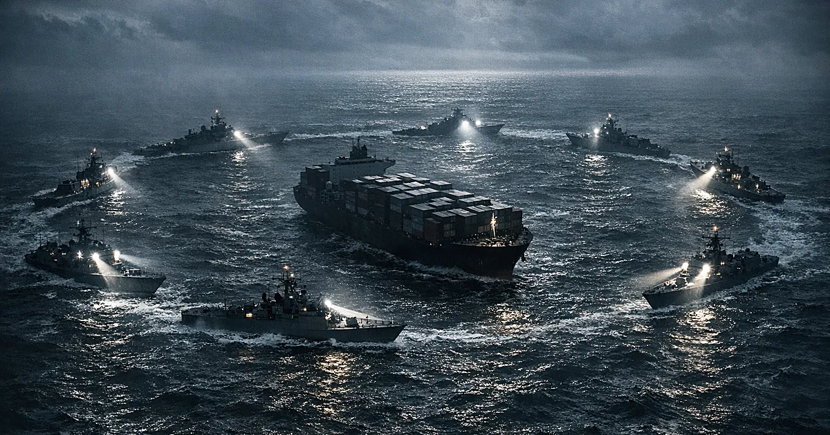 Cargo ship surrounded by naval vessels in blockade formation on dark waters, viewed from above in dramatic lighting