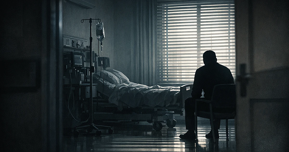 Silhouetted figure in hospital room with medical equipment and window light casting shadows