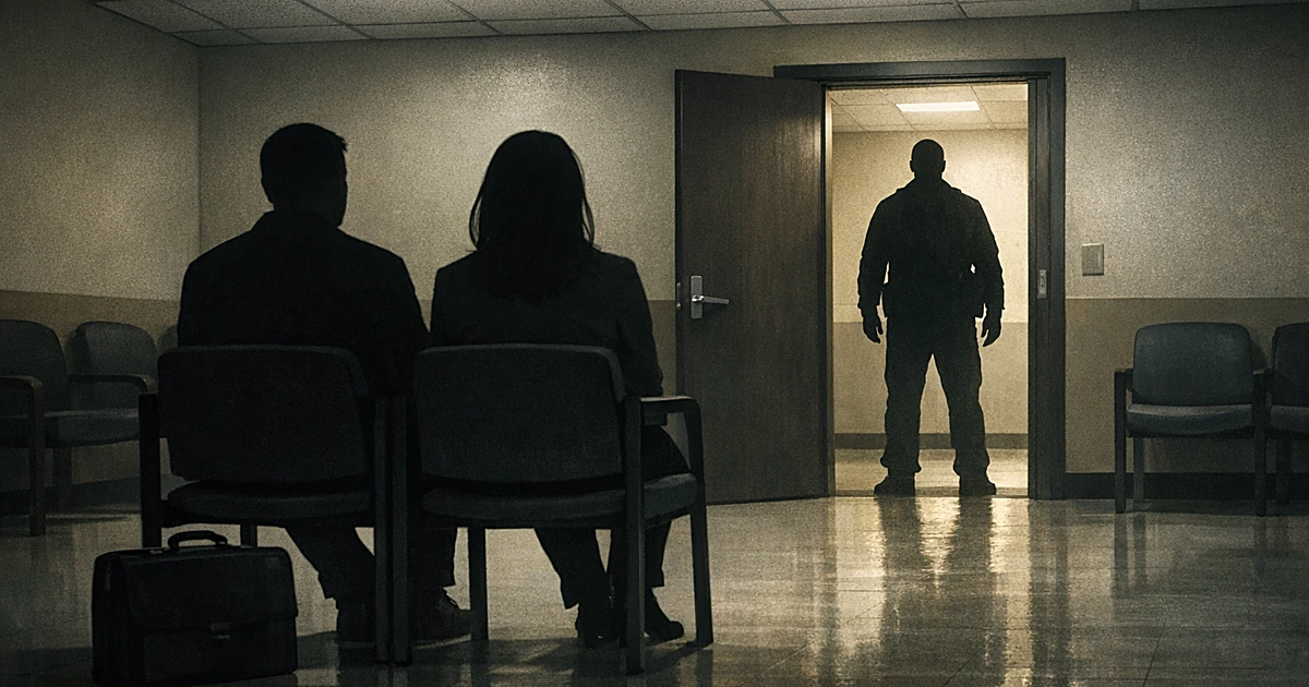 Silhouetted figures in a government office waiting room, one standing in doorway, two seated with briefcase