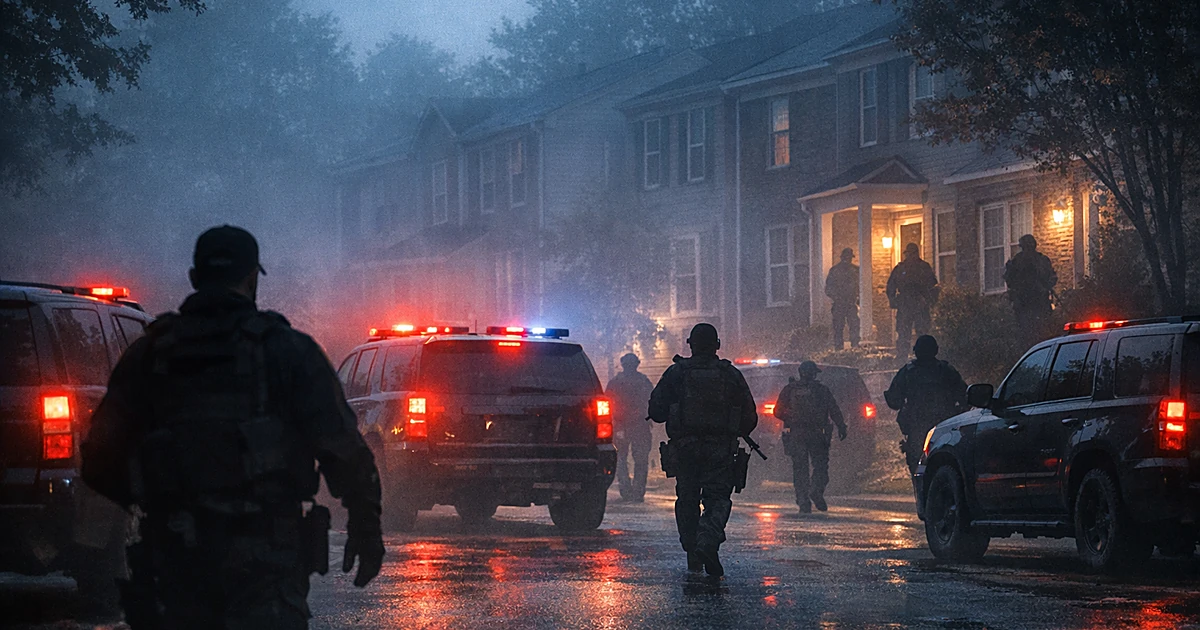 Law enforcement vehicles with emergency lights on a suburban street at dawn with silhouetted officers