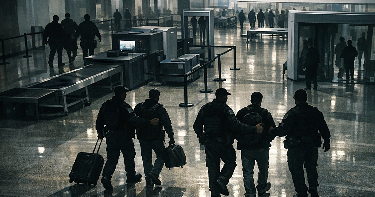 Silhouetted officers escort travelers through airport security checkpoint with screening equipment and harsh lighting