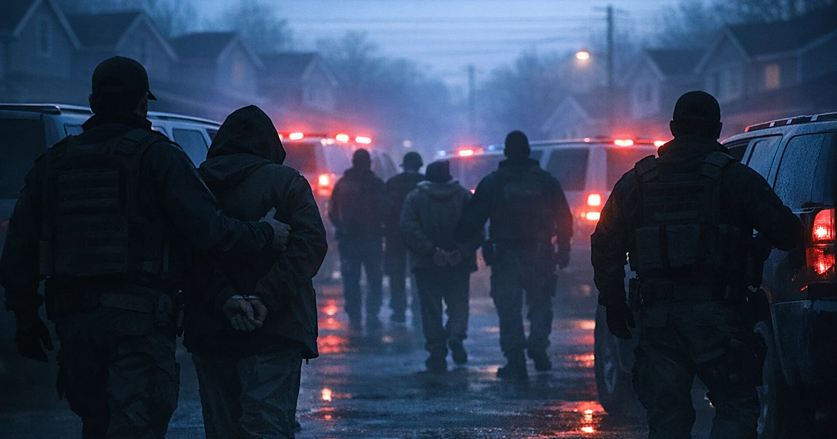 Silhouettes of law enforcement agents and detained individuals near vehicles during early morning enforcement operation