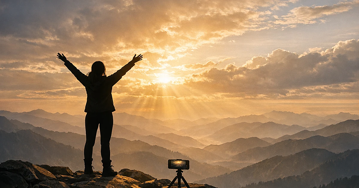 Silhouetted figure with raised arms standing on mountain peak at sunset with smartphone on tripod nearby