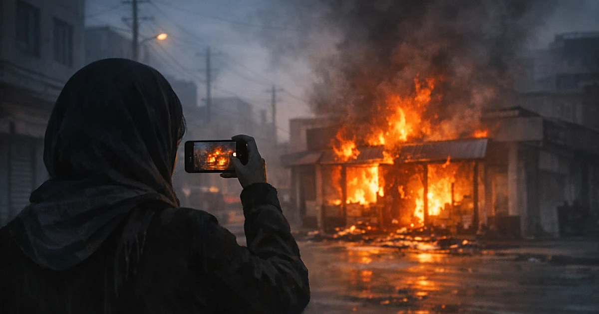 Silhouetted person filming burning storefront with mobile phone during evening in urban street