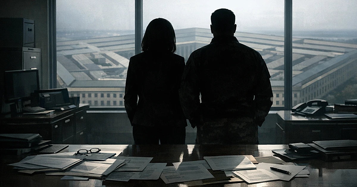 Two silhouetted figures standing together at a Pentagon office desk viewed from behind with documents spread before them