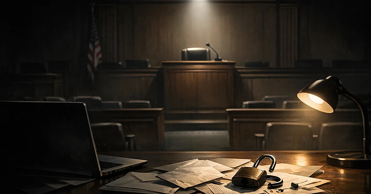 Empty witness stand in shadowy courtroom with opened mail, laptop, and broken lock on table in foreground