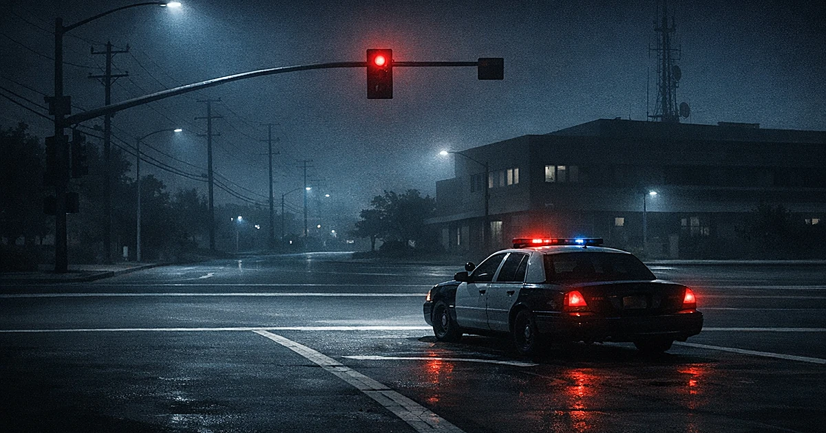 Patrol car stopped at red light near sheriff's station at night under streetlights