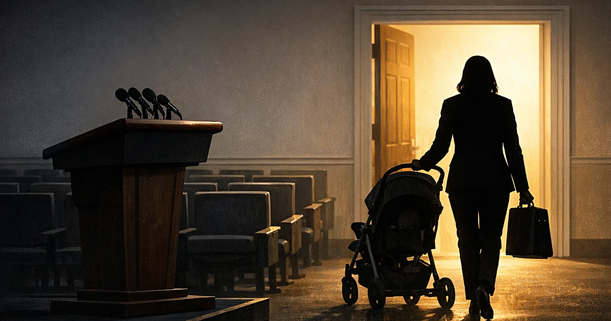 Silhouette leaving briefing room podium while pushing stroller toward lit doorway