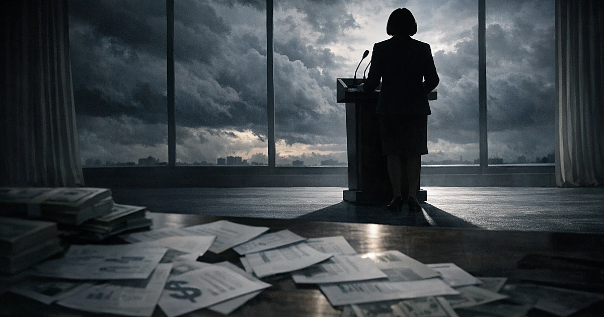 Silhouetted speaker at podium with scattered financial documents and storm clouds visible through windows