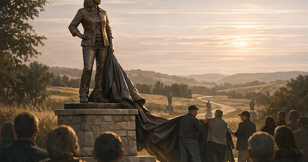 Bronze statue on pedestal surrounded by silhouetted crowd at nature area entrance with prairie landscape behind