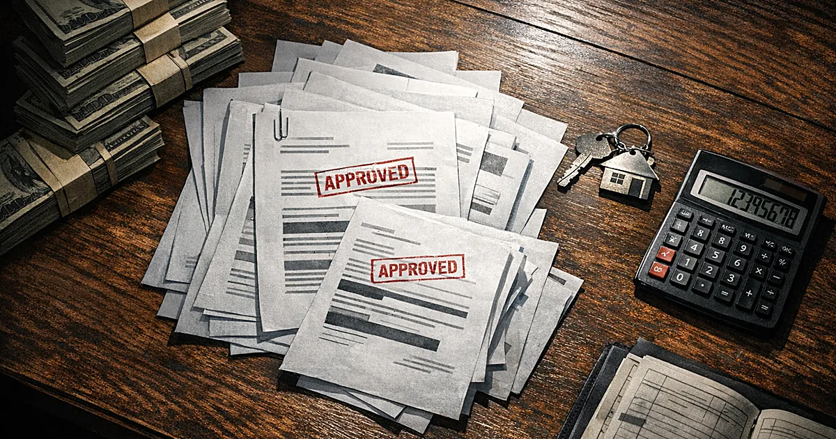 Overhead view of desk with approved loan documents, cash stacks, house key, and calculator suggesting financial fraud