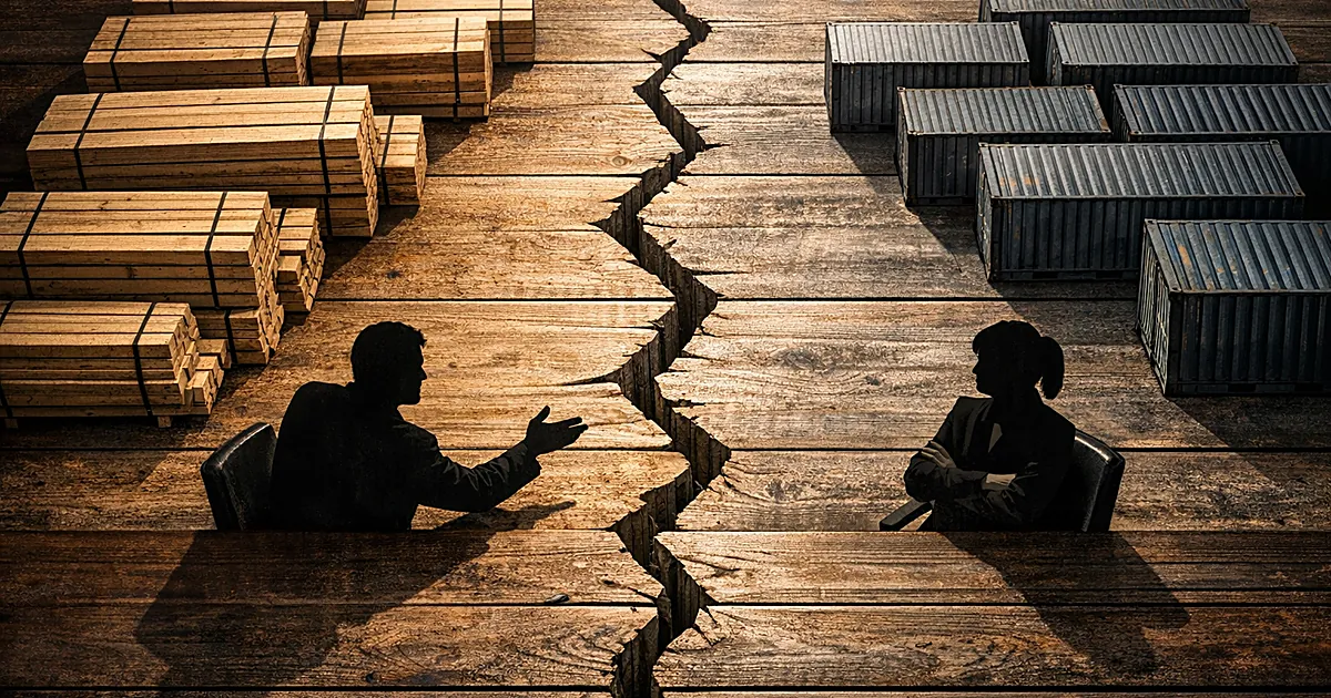 Two silhouetted figures sit opposite each other at a divided table with lumber and shipping containers between them