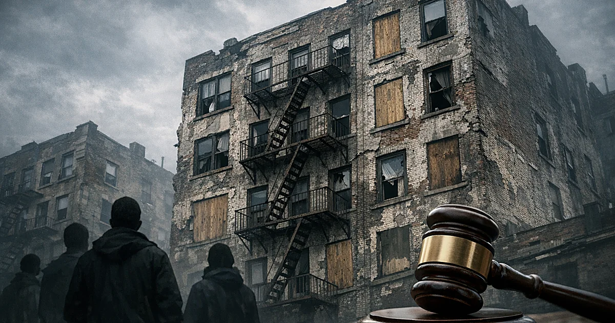 Silhouetted figures face a dilapidated apartment building with boarded windows as a gavel sits in the foreground