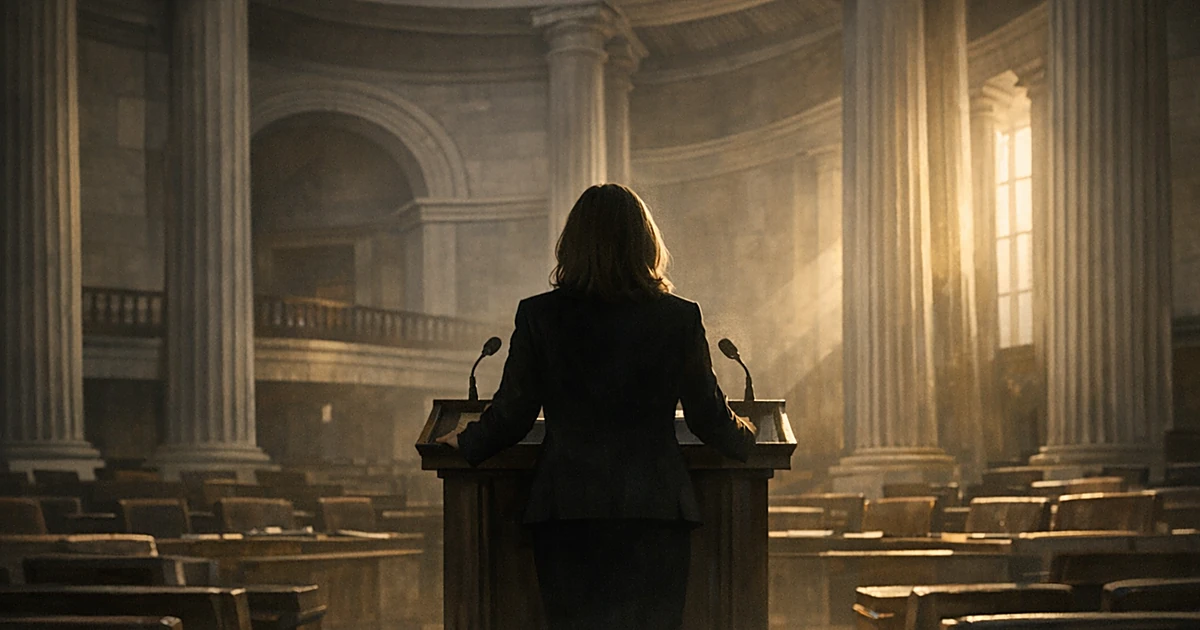 Silhouetted figure at podium in Tennessee capitol rotunda with dramatic lighting through columns