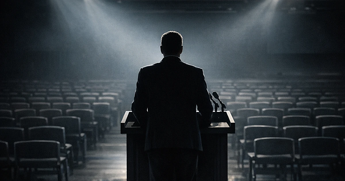 Silhouetted figure at podium facing empty auditorium seats with dramatic stage lighting
