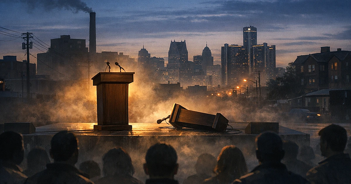 Two podiums on stage, one upright and one fallen, with silhouetted audience members viewing from behind at dusk
