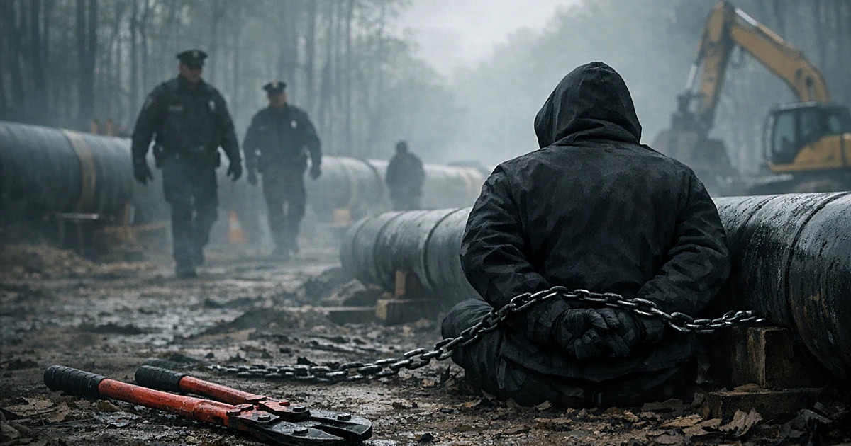Silhouette of person chained to pipeline equipment in forest with bolt cutters on ground