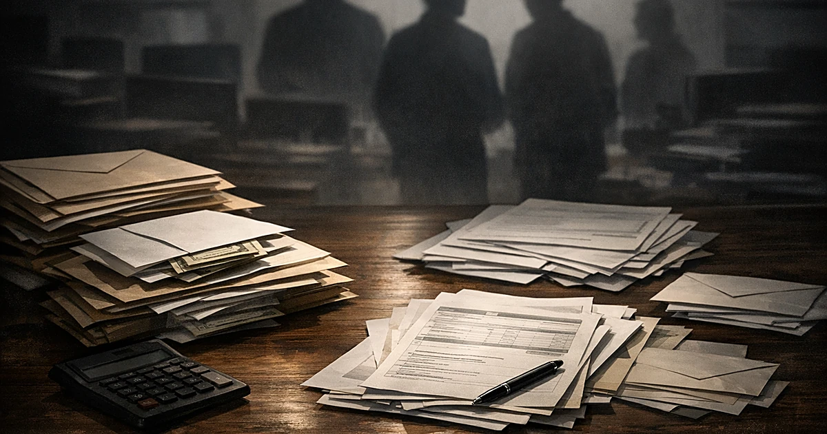 Overhead view of desk with scattered envelopes, documents, and calculator suggesting campaign finance investigation