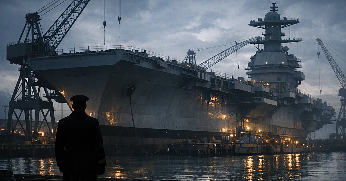 Silhouetted naval officer viewing aircraft carrier CVN-81 under construction in shipyard at dusk