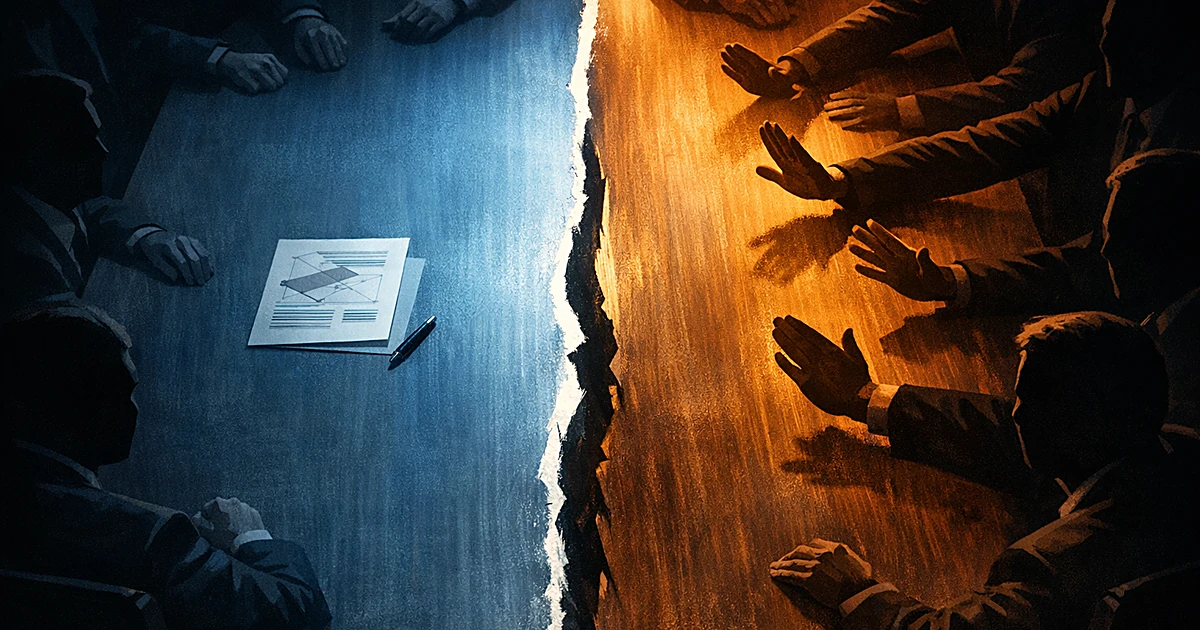 Split conference table with document on one side and silhouetted hands gesturing rejection on the other side