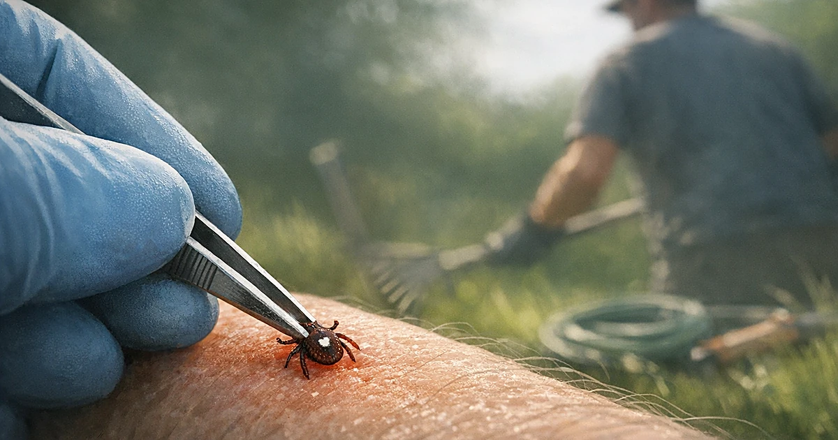 Gloved hand using tweezers to remove a lone star tick from an arm during outdoor yard work