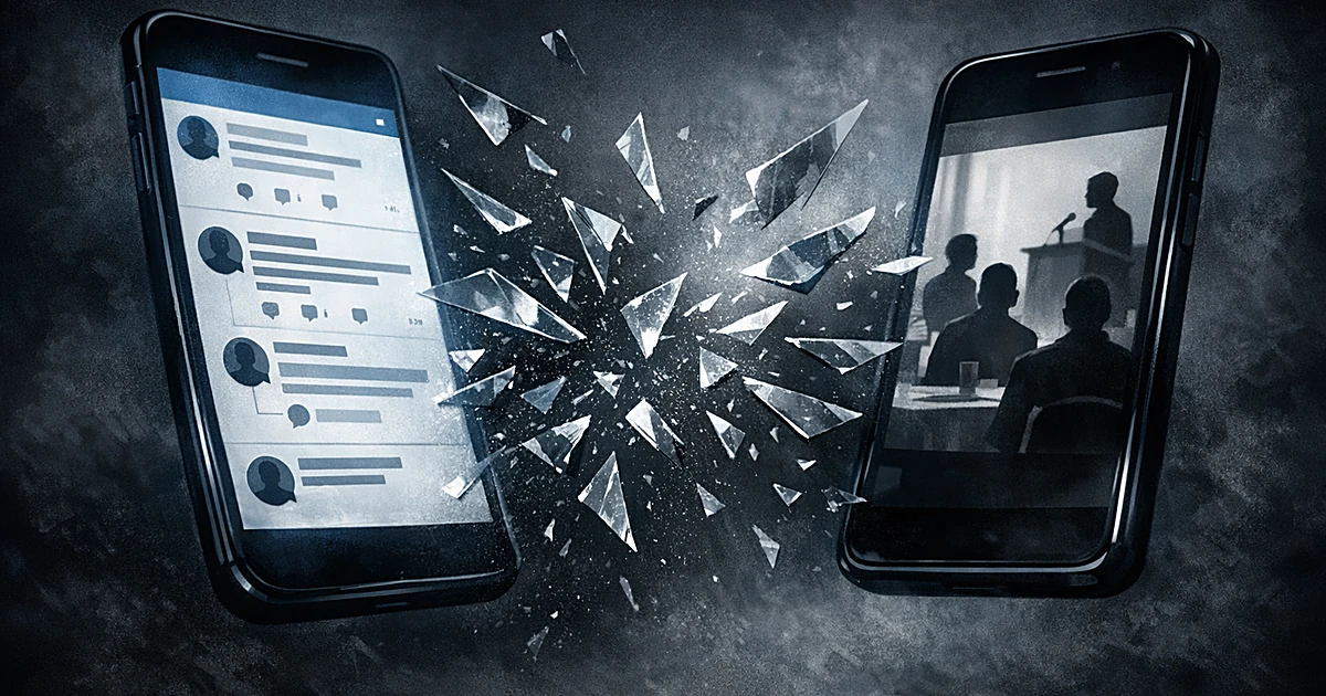 Two glowing smartphones with scattered fragments between them representing political conflict on social media