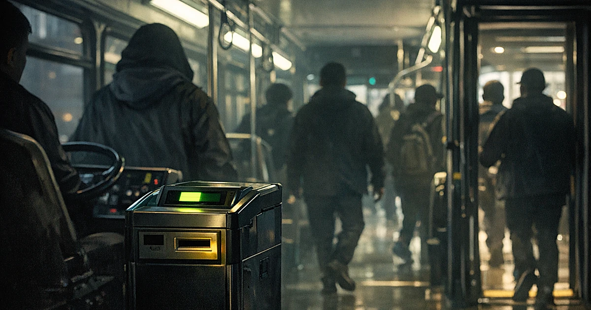 Silhouetted passengers boarding a bus through multiple doors while bypassing the illuminated fare box in foreground