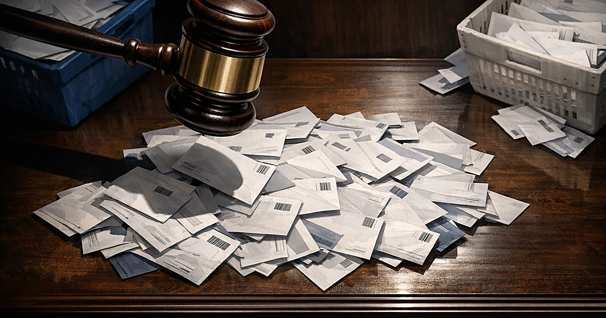 Gavel hovering over scattered mail-in ballot envelopes with barcodes near postal bins on courtroom surface