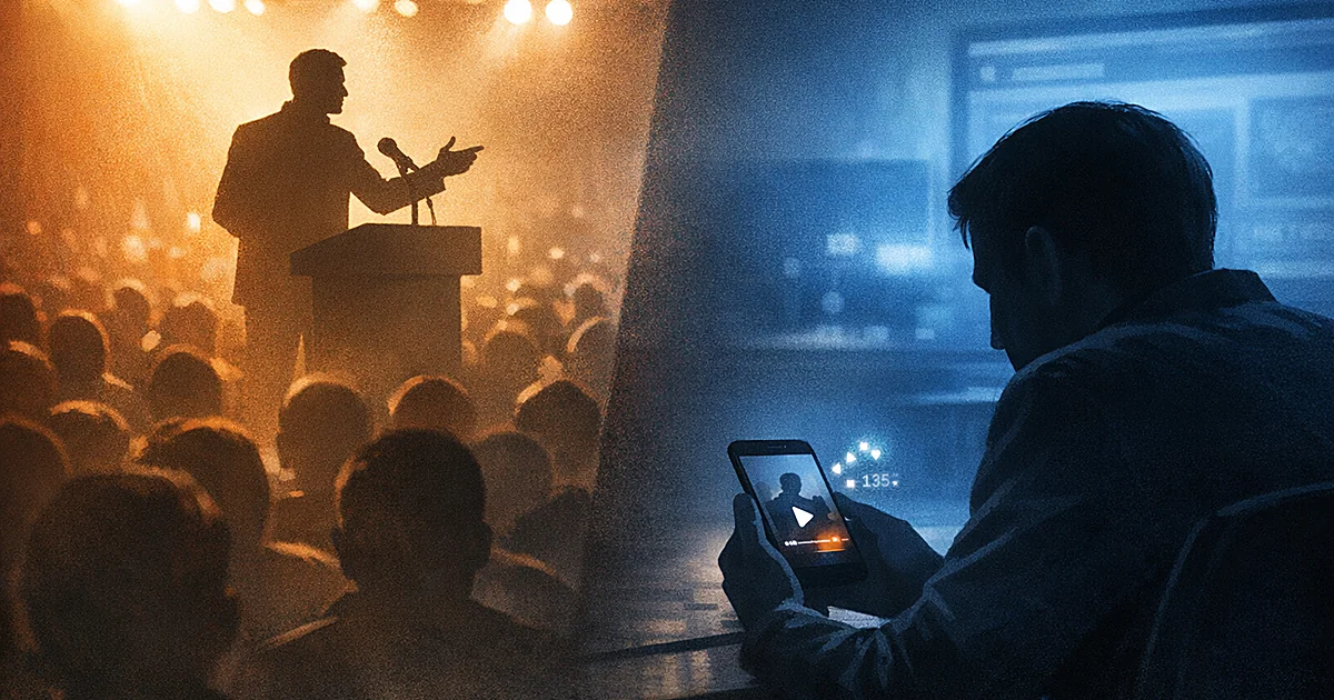 Silhouetted speaker at podium with figure viewing viral video on phone, split lighting showing rally and digital divide