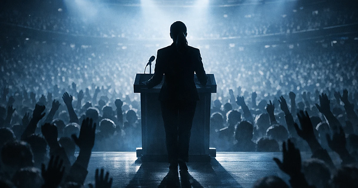 Silhouetted speaker at podium addressing crowd of supporters with raised hands in blue-lit arena