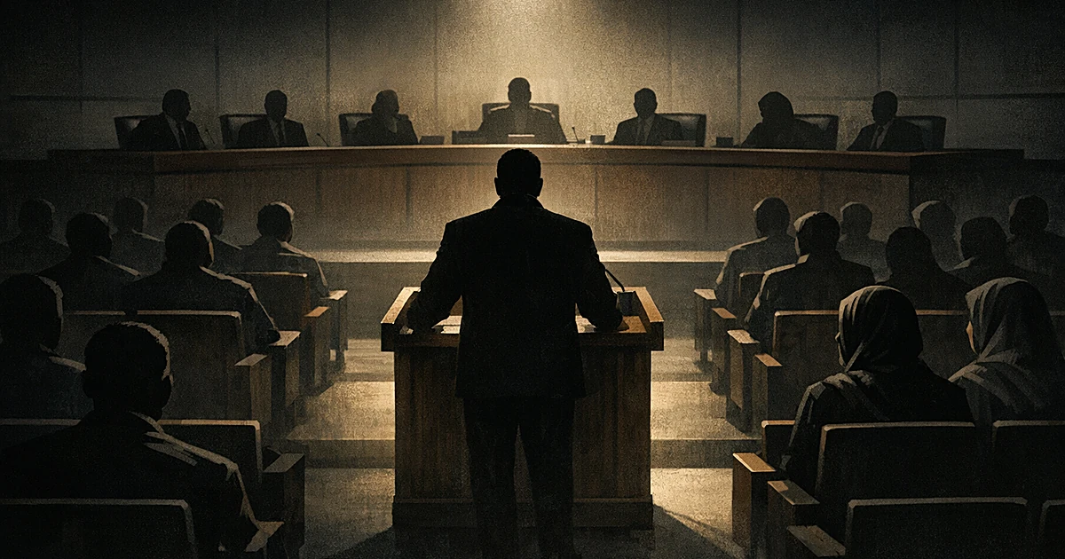 Silhouetted speaker at podium addressing seated figures in a city council chamber with dramatic lighting