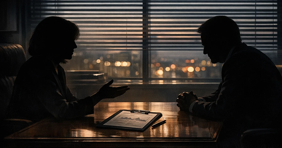 Two silhouetted figures in tense conversation across desk with medical documents in shadowed office setting