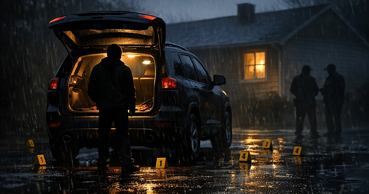 Silhouetted figure near open SUV hatch at night with evidence markers on driveway outside suburban home
