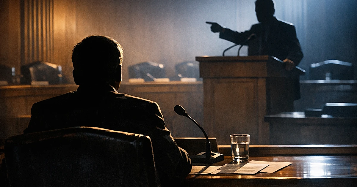 Silhouetted figures in a congressional hearing room, one seated at table, another standing at podium in confrontation