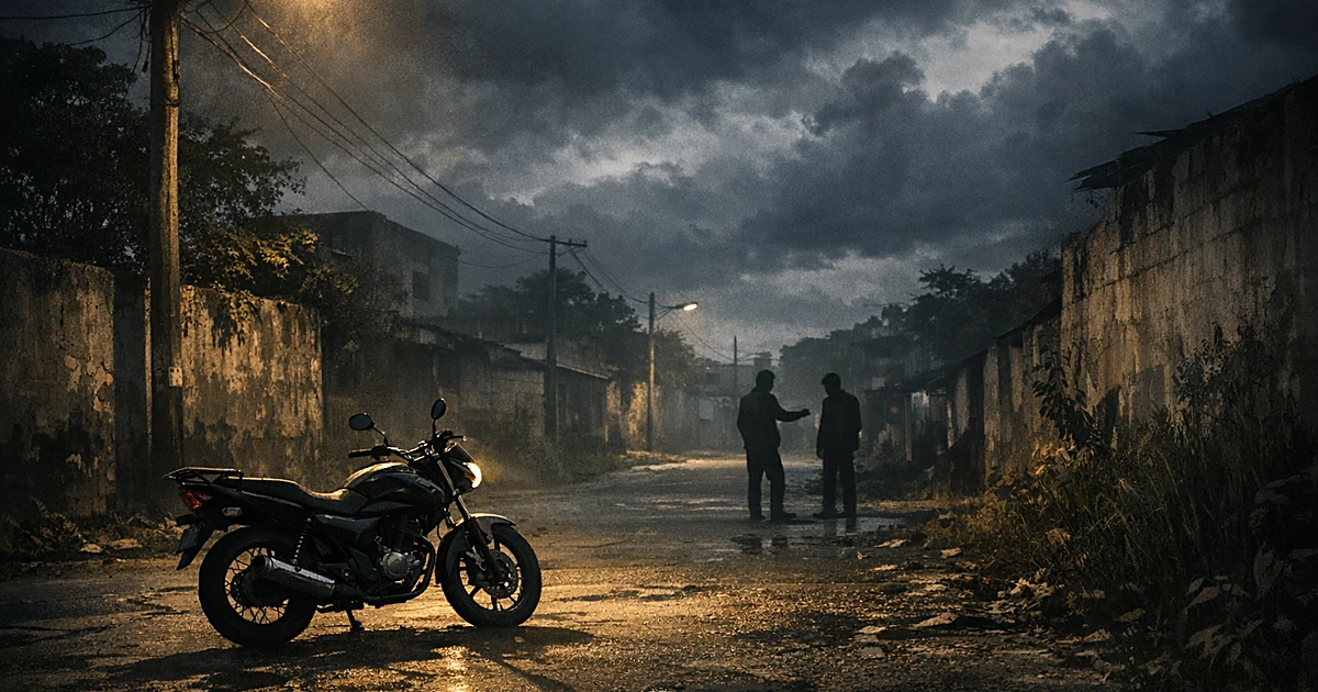 Silhouetted figures near motorcycle on dark urban street corner with ominous lighting and storm clouds overhead