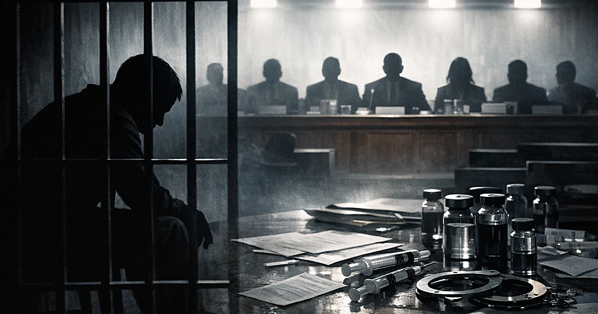 Silhouette behind prison bars with congressional hearing table and medical items in background