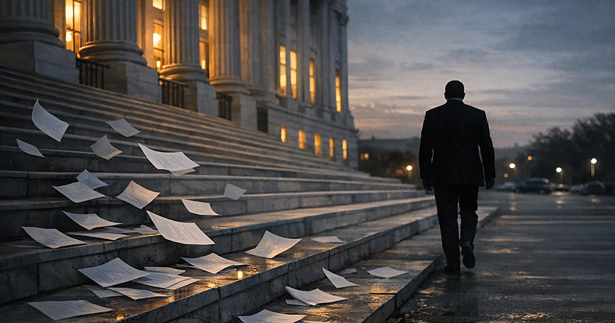Silhouetted figure in suit walking away from government building at dusk with papers scattered on steps