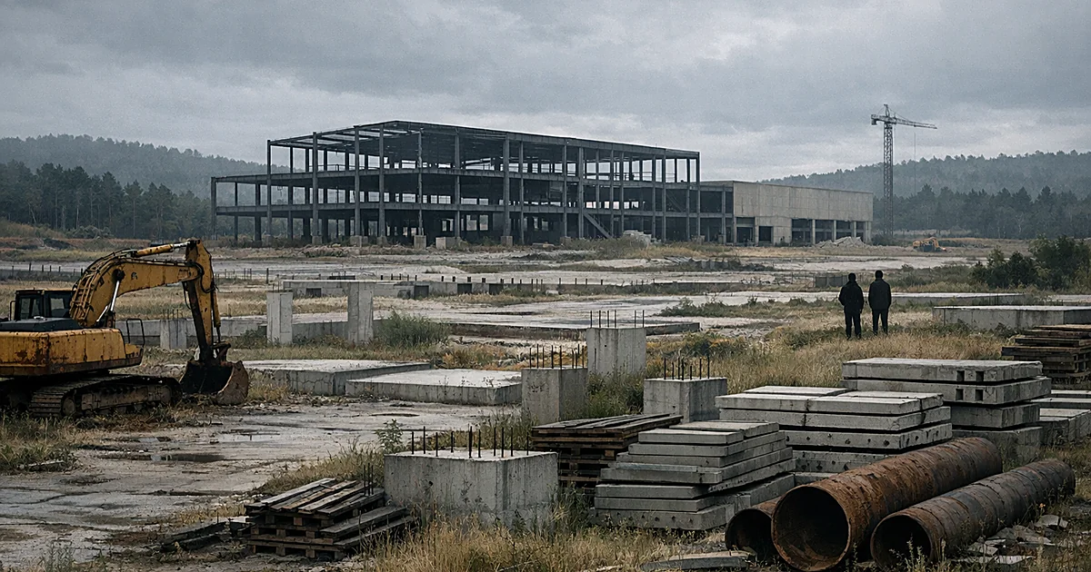 Abandoned half-built factory with idle construction equipment in overgrown rural site under gray skies