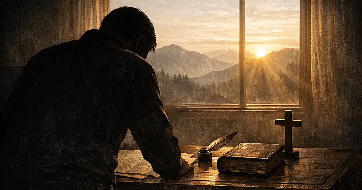 Silhouetted person at desk with historical document, Bible, and cross, with mountains visible through window